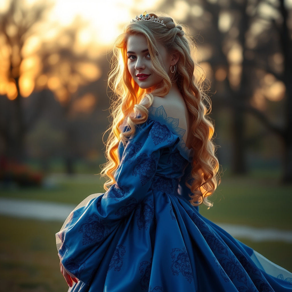 Blonde Woman in Blue Gown at Dawn: Hyperrealistic Portrait