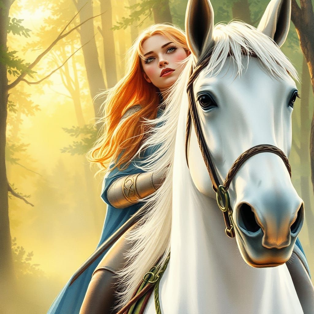 Rhiannon on White Horse in Celtic Watercolor Art
