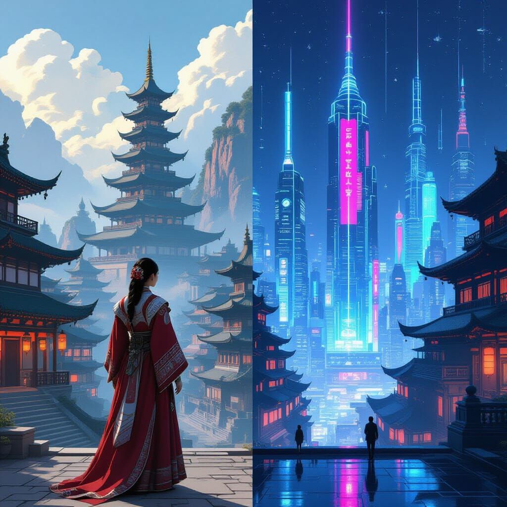 Heritage Meets Future: Split Image in Vintage Cyberpunk Styl...