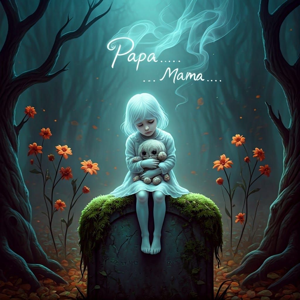 Ethereal Ghost Girl on Gravestone in Surreal Style