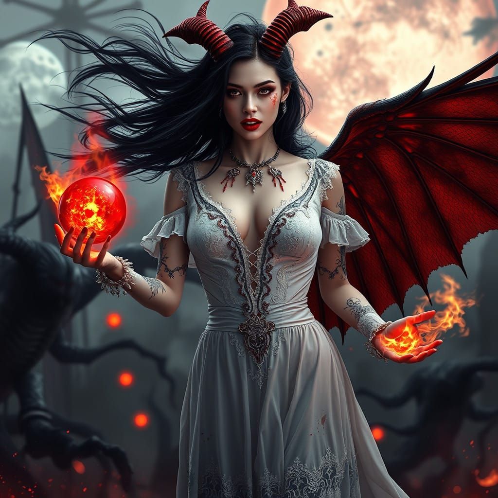 Ethereal Vampire Goddess in Hellish Landscape