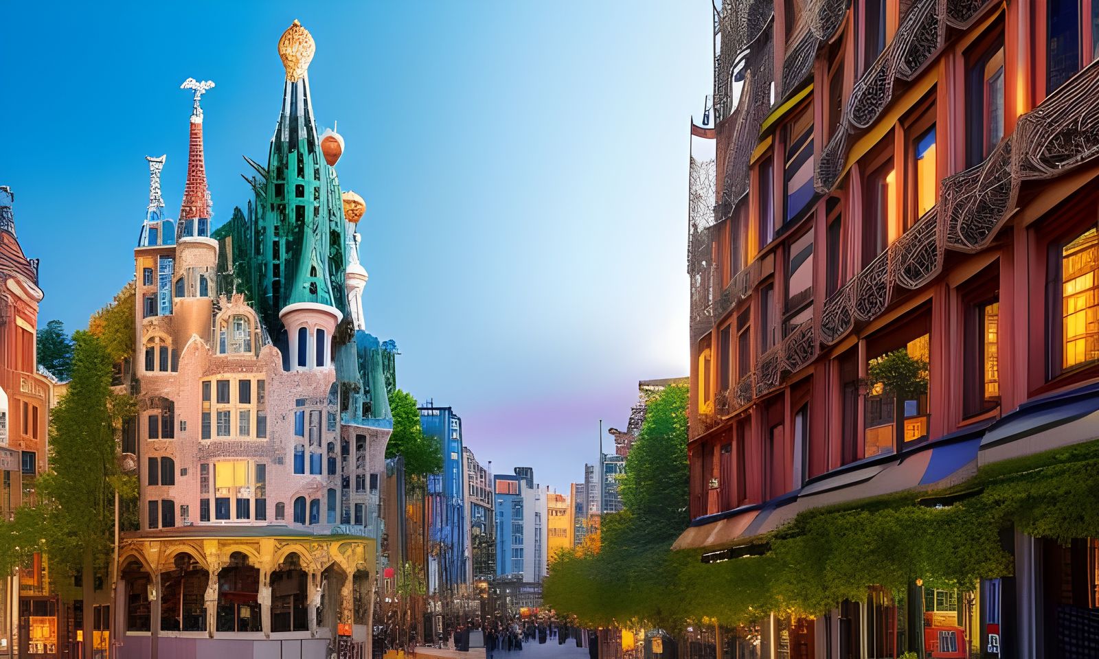 Rotterdam Center in Gaudi Style Watercolor