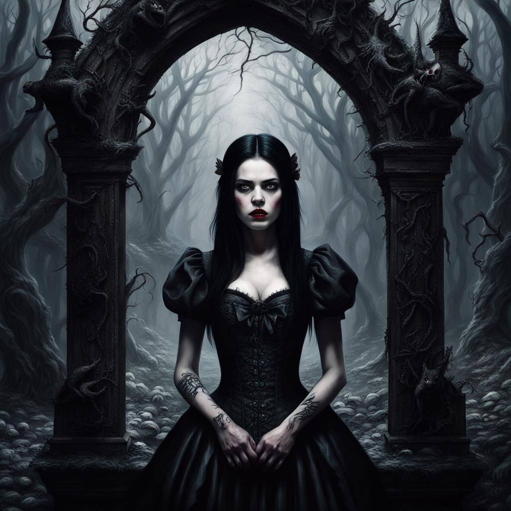 Gothic Snow White in Cursed Castle: Horrorcore Portrait
