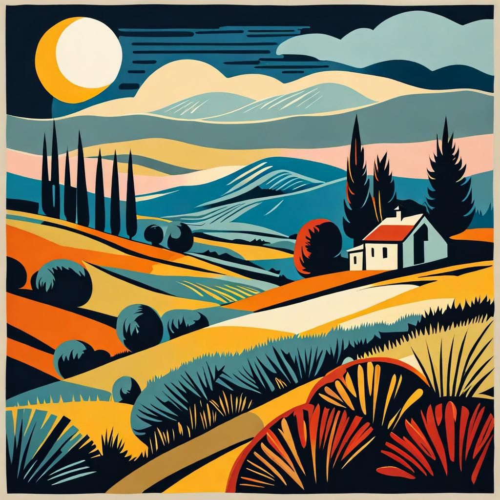 pastel linocut landscape