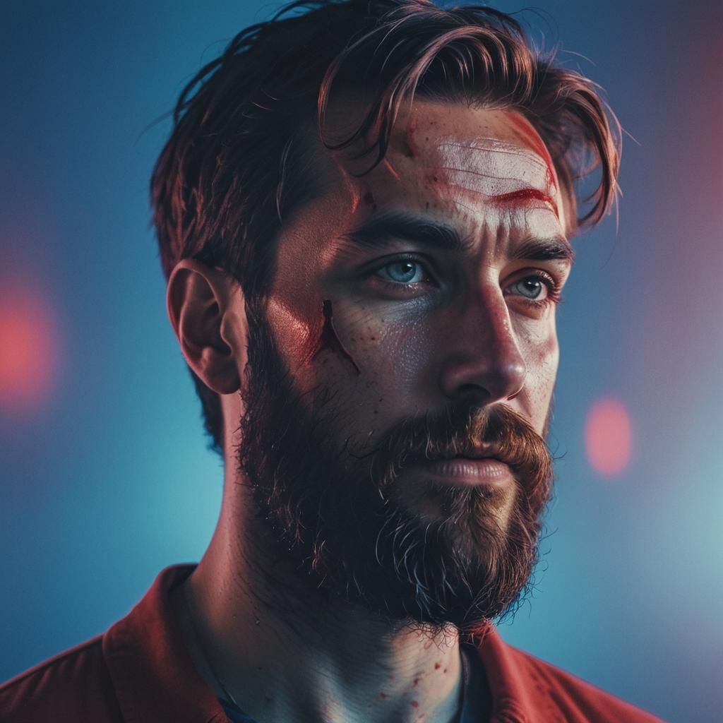 Bearded Man in Dueling Red and Blue Lights