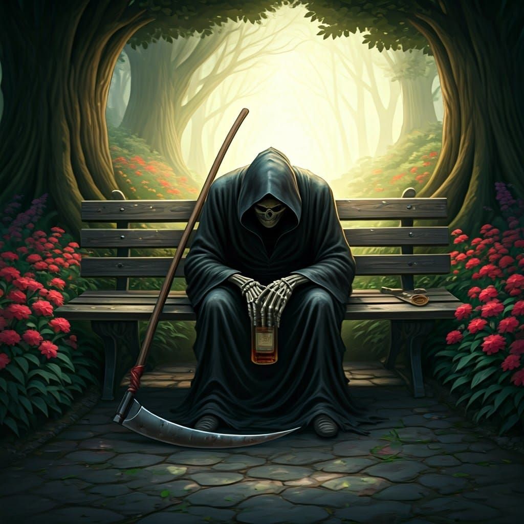 Weary Grim Reaper in Peaceful Park