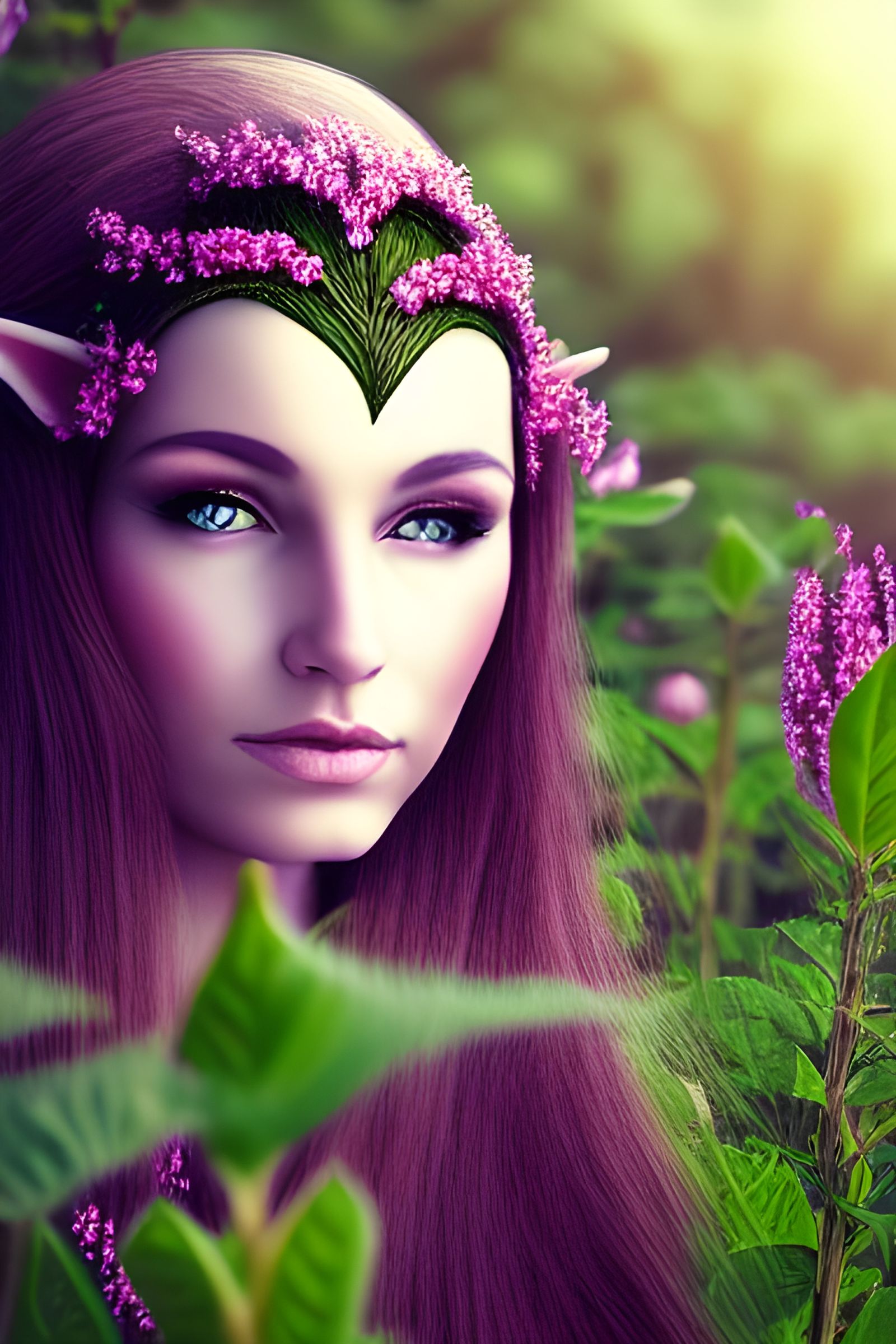 Striking Portrait of Elven Woman in Flower Field