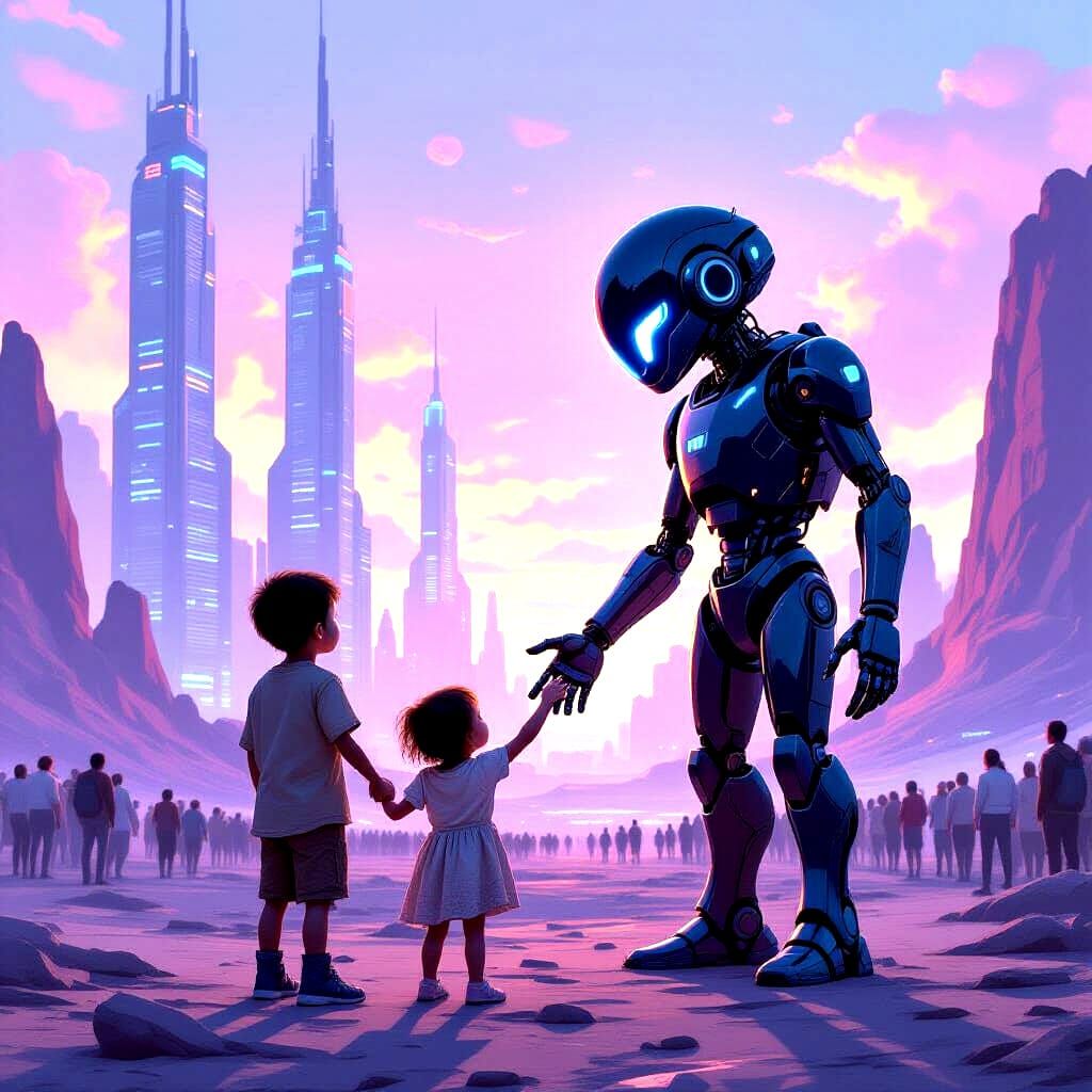 Futuristic Planet Scene: Robot Reaches to Children