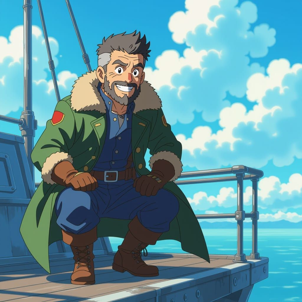 Old Sky Captain in Detailed Anime Style
