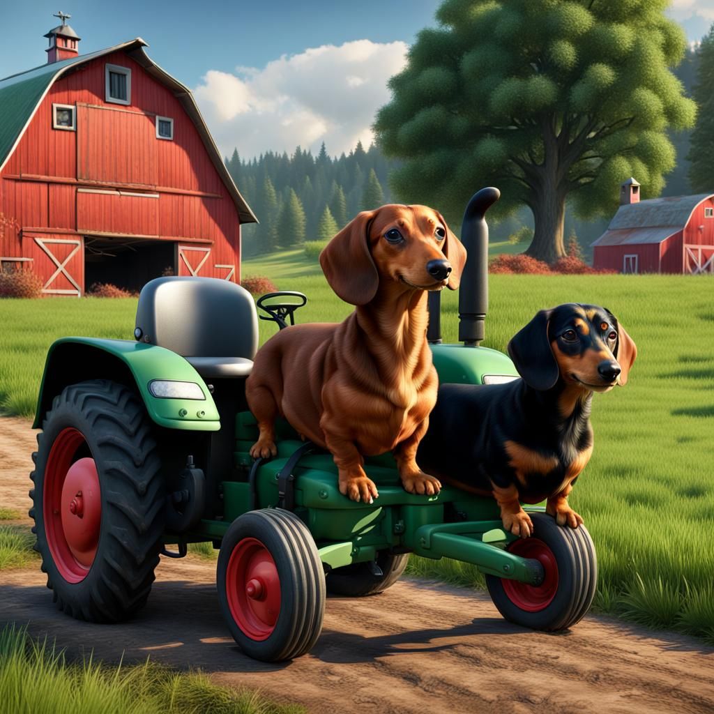 Dachshunds on a Green Tractor at Farm