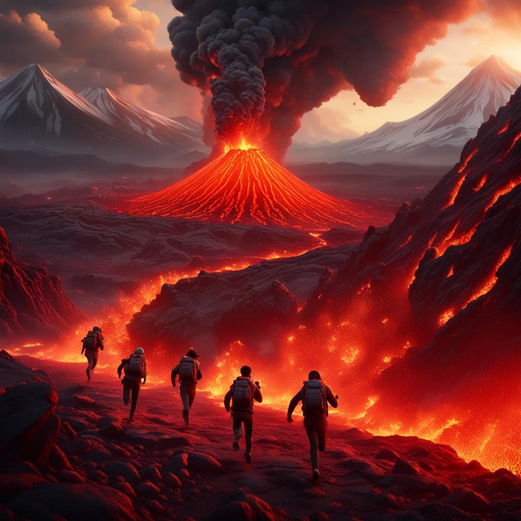 Volcano Eruption: People Fleeing Lava Flow