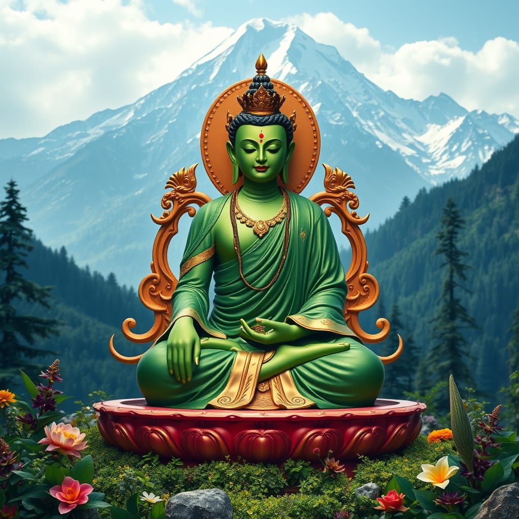 Regal Green Tara Goddess in Lush Himalayan Forest