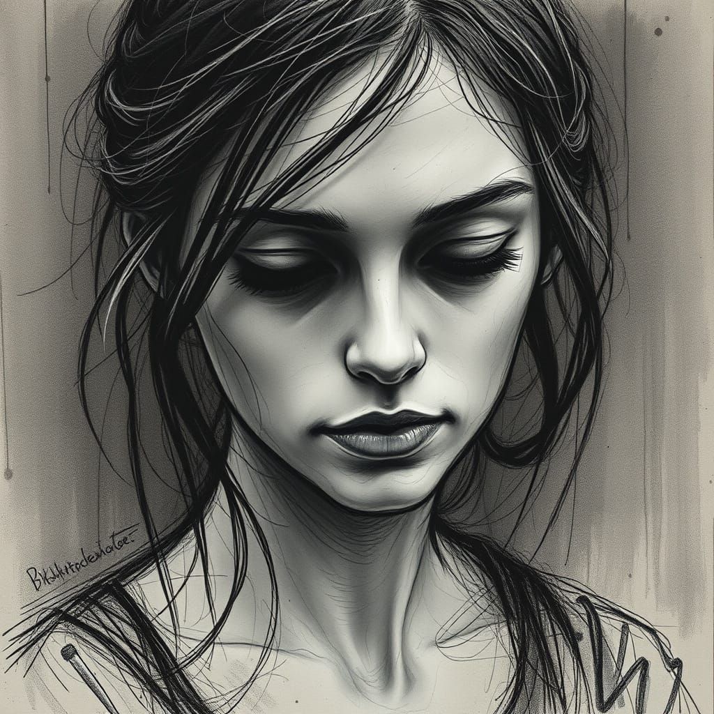 Atmospheric Charcoal Portrait of a Contemplative Young Woman