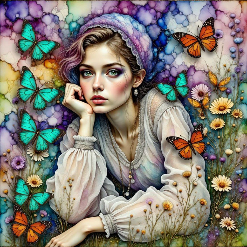 Ethereal Garden with Hopeful Girl in Watercolor Style