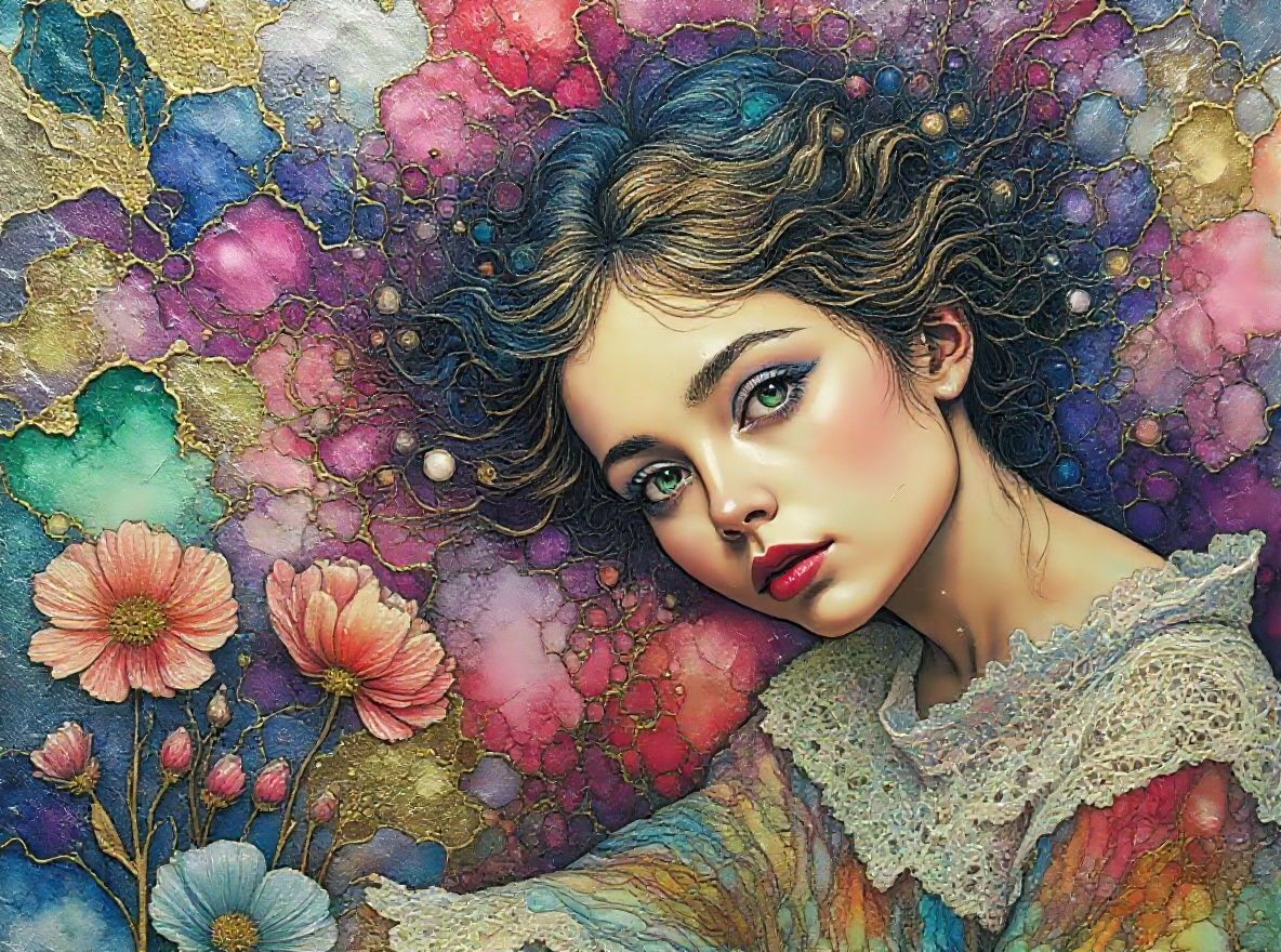 Ethereal Girl in Wildflower Garden with Metallic Haze