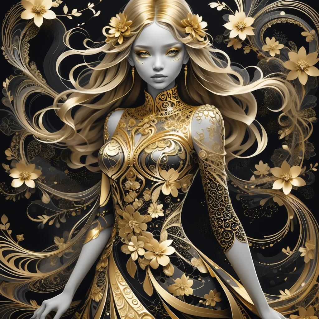 Golden Girl: Monochromatic Abstract Art in Zentangle Style