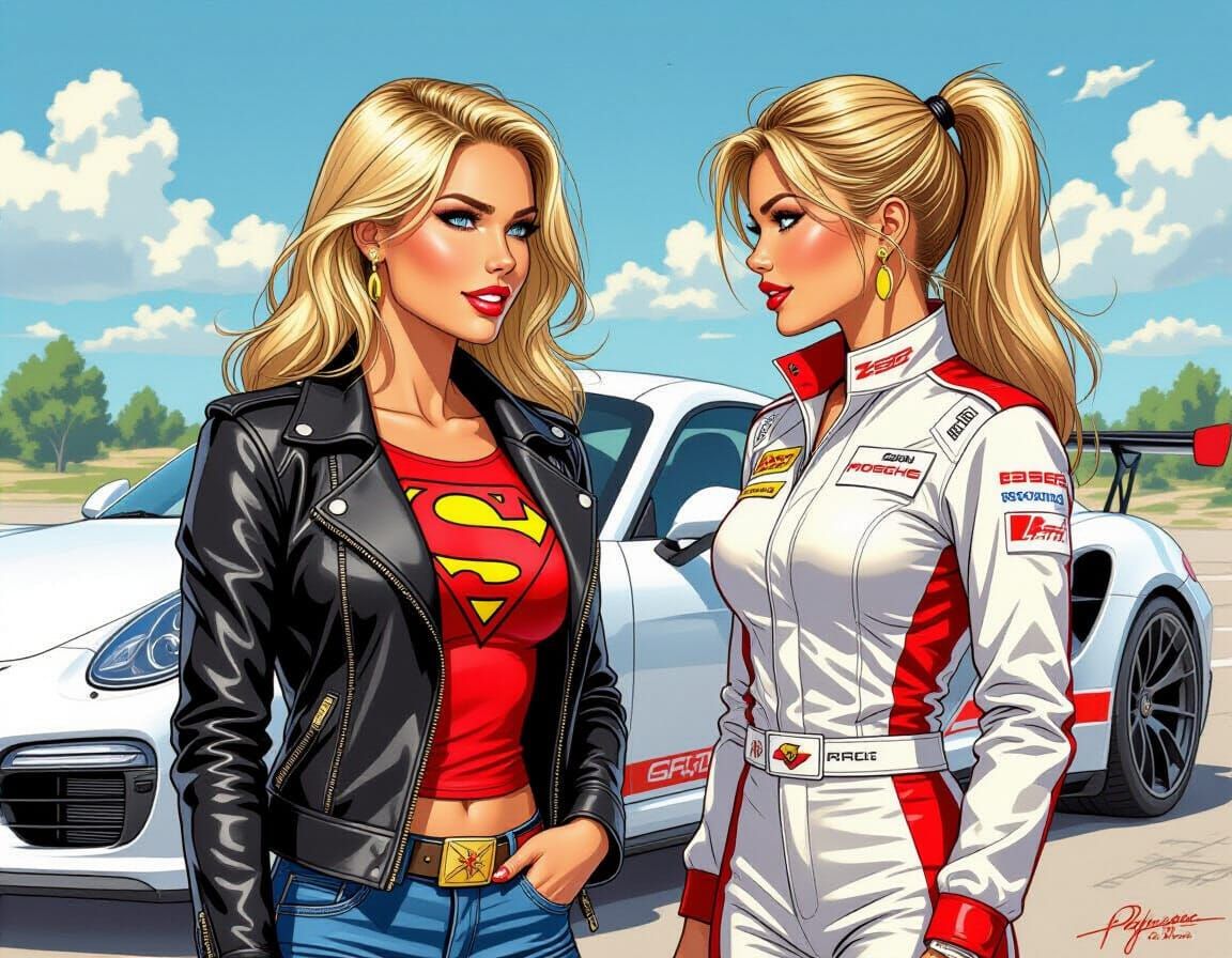 Supergirl and Driver at Le Mans, in Manara Style