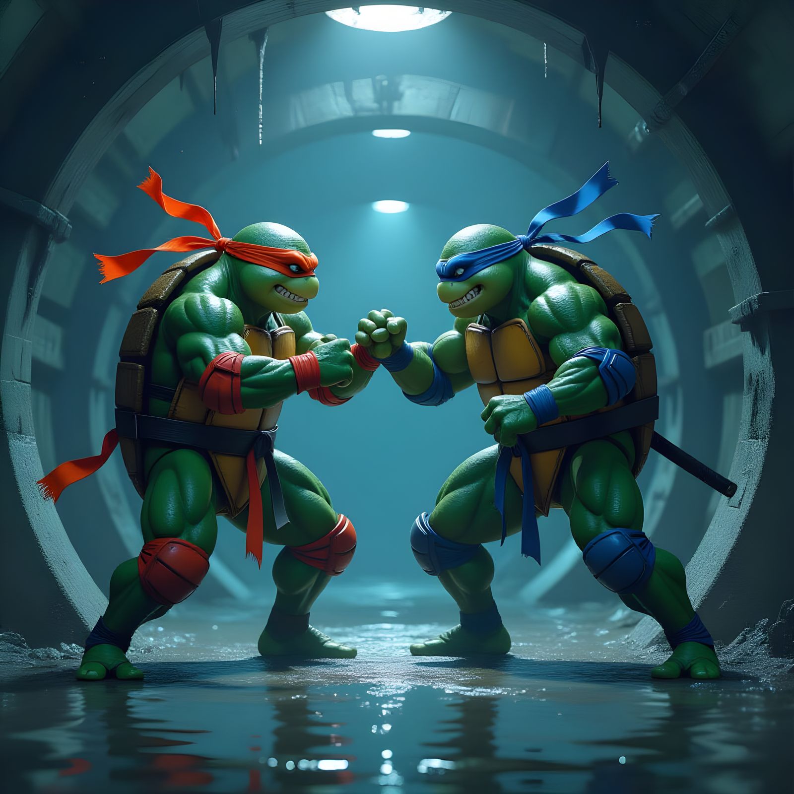 Hyper Muscular Ninja Turtles in Sewer Kick-Fight