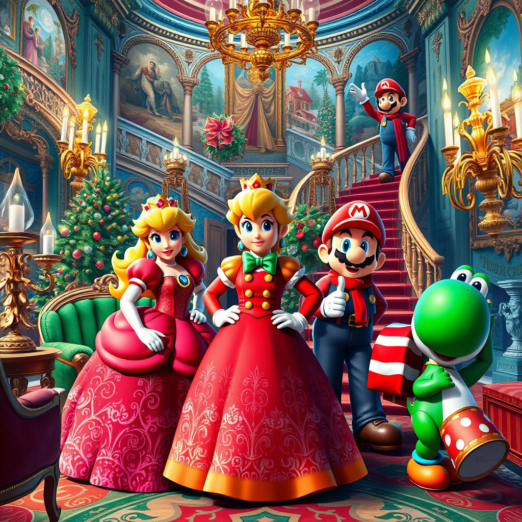 Festive Super Mario Characters in Christmas Mansion