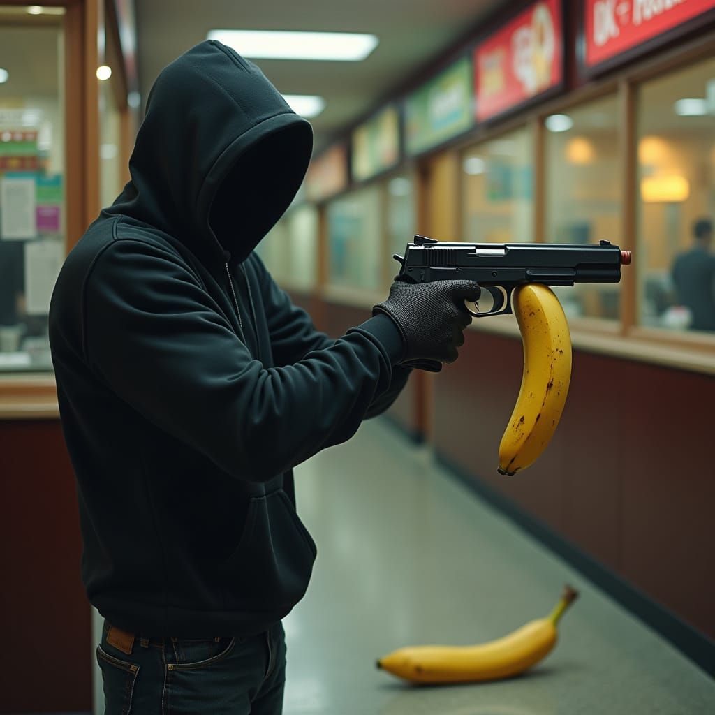 Robber Wields Banana Gun in Hyper-Realistic Splash Art