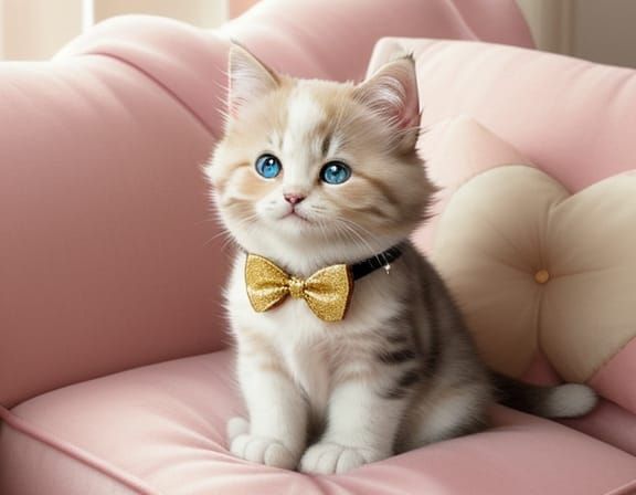 Fluffy Kitten in Tuxedo with Monocle Sits on Cushion