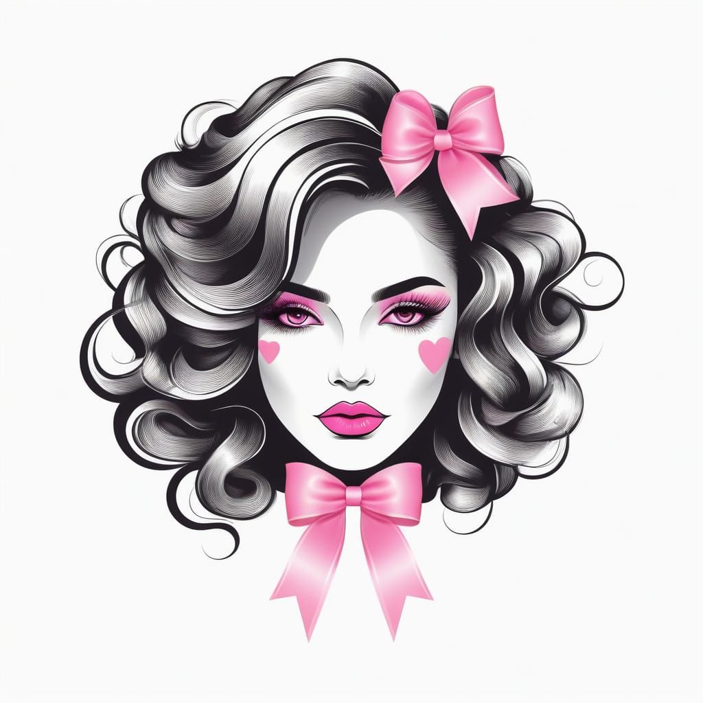 Surreal Vector Portrait of a Woman with a Pink Bow