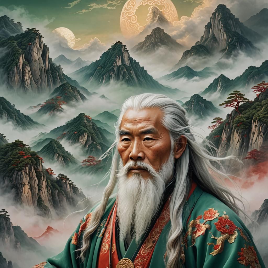 Taoist Sage Portrait in Ethereal Landscape