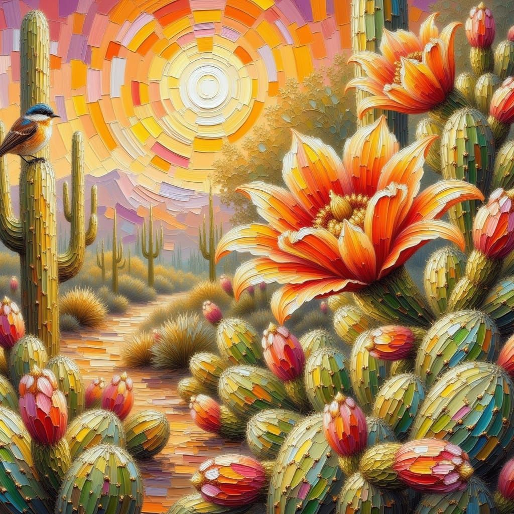 Impasto Desert Dreamscape with Blooming Cactus and Sunset