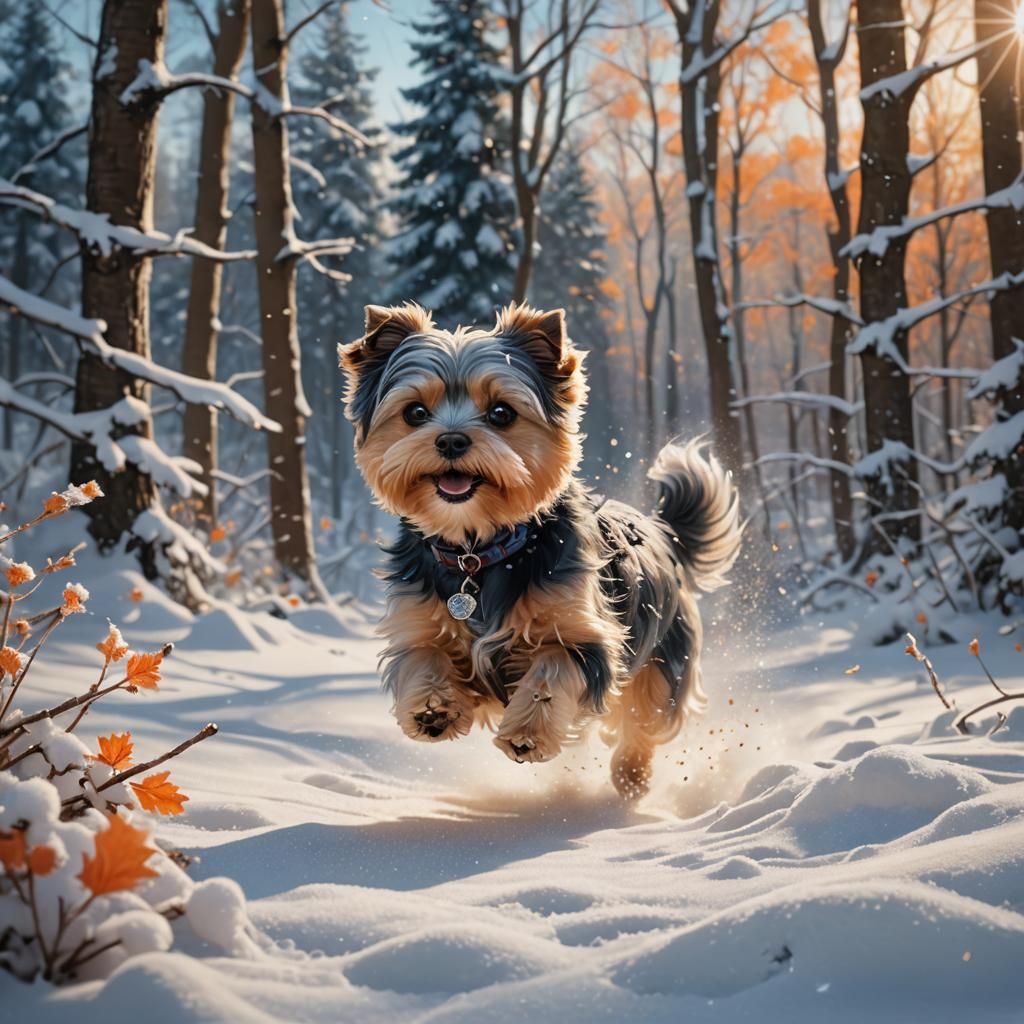 Morkie Runs in Snowy Fantasy Landscape