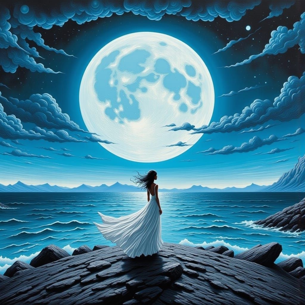 Moonlit Seascape with Woman in Flowing Dress