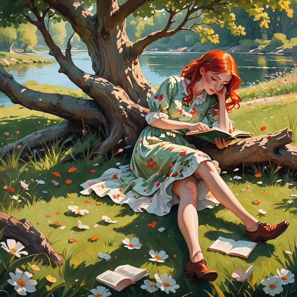 Red-Haired Girl Reading: Fantasy Illustration in Watercolor ...