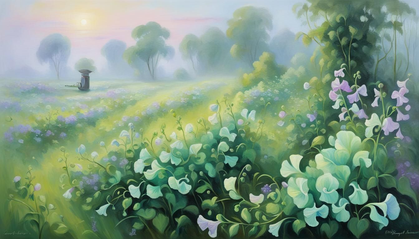 Sweet Peas and Gramophone Flowers in Oil Painting