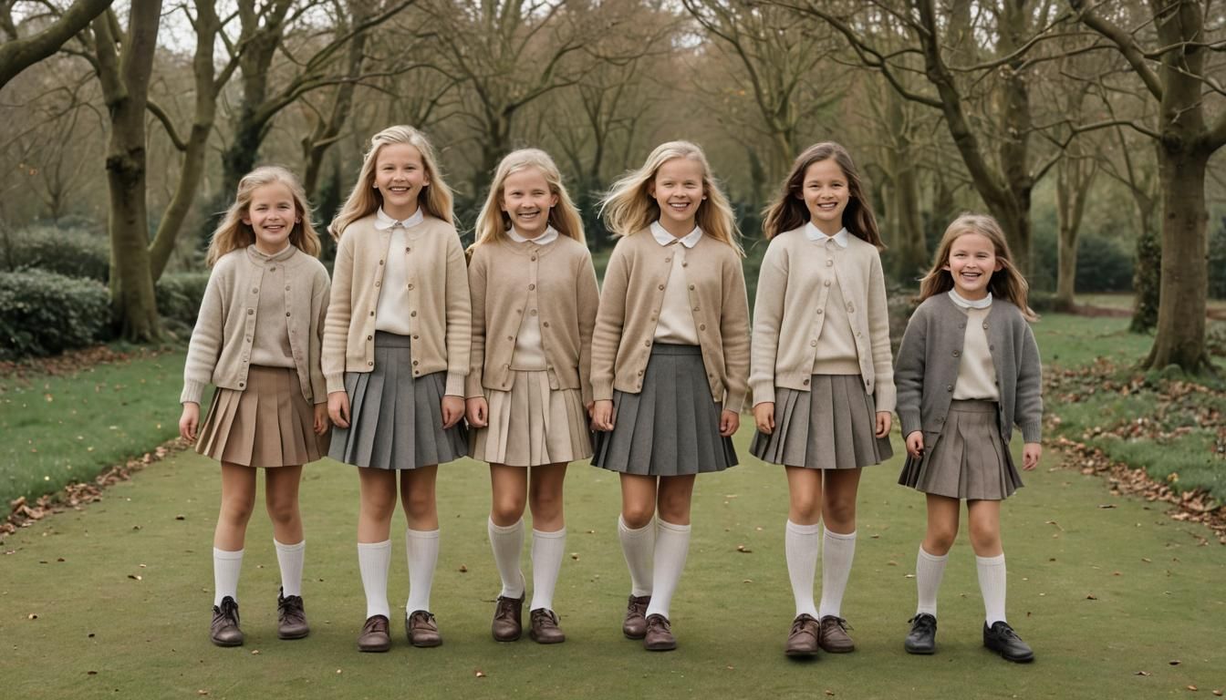 Six Laughing British Girls in Cashmere Cardigans