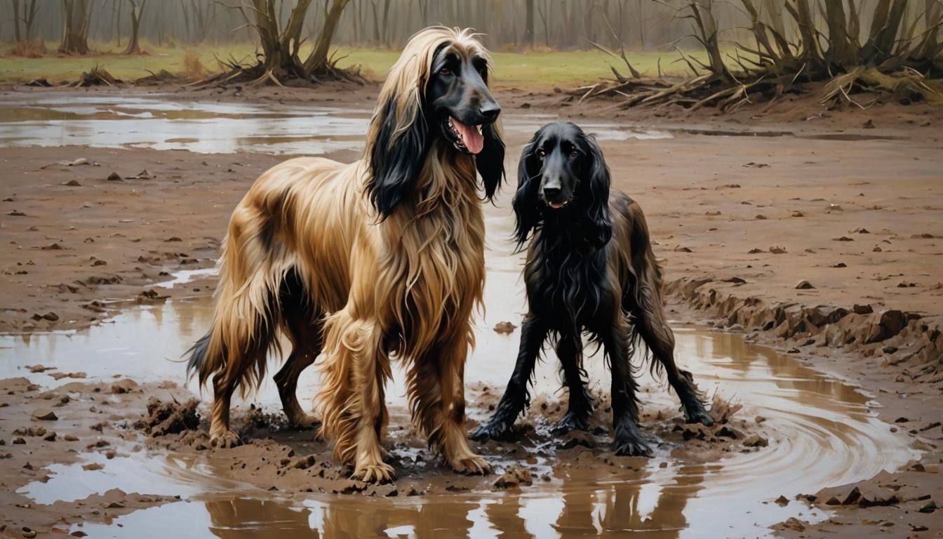 Afghan Hound Shakes Off Mud in Joyful Scene