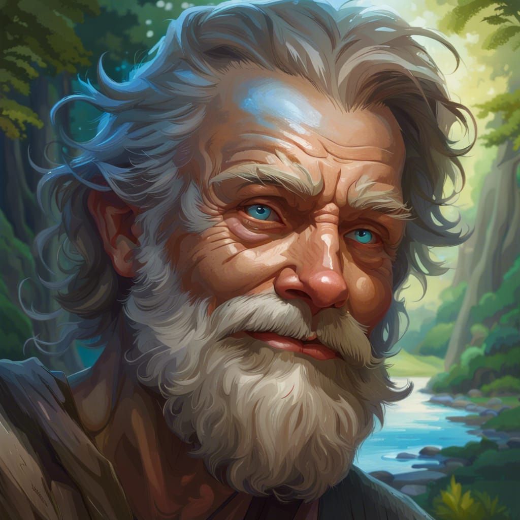 Joyful Old Man Portrait in Forest, Hyperdetailed Digital Art