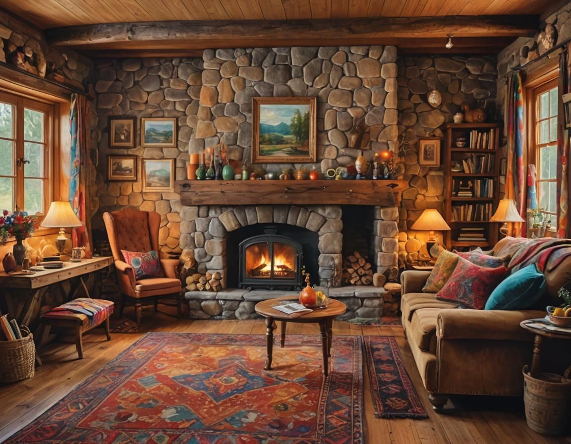 Whimsical Cottage Interior in Vibrant Oil Painting Style