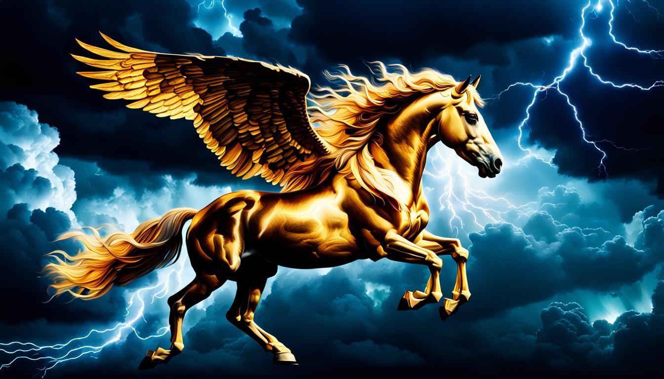 Golden Pegasus Flies Through Stormy Clouds