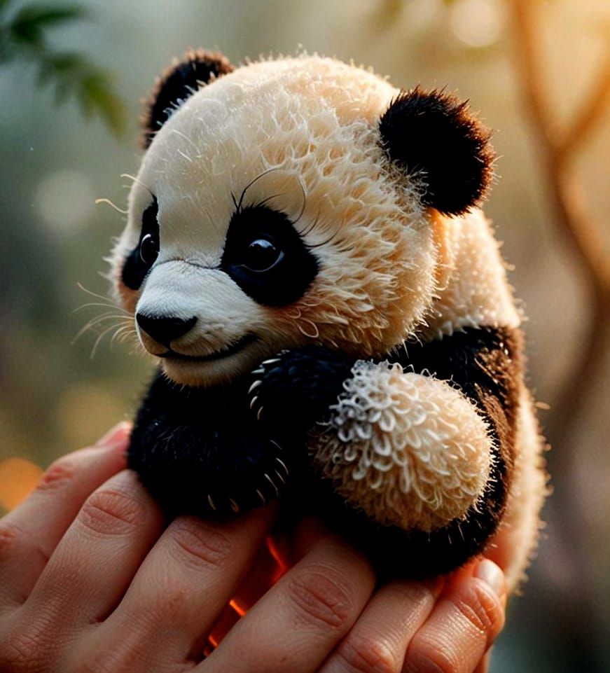 Cute Panda Hugging Finger: Hyperrealistic Photography