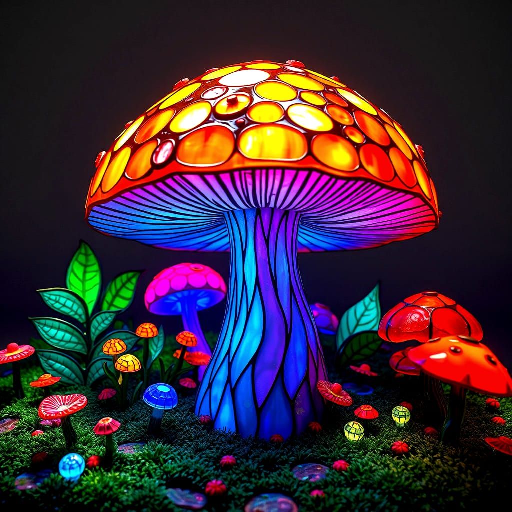 Stained Glass Mushroom Landscape in Hyperreal 3D