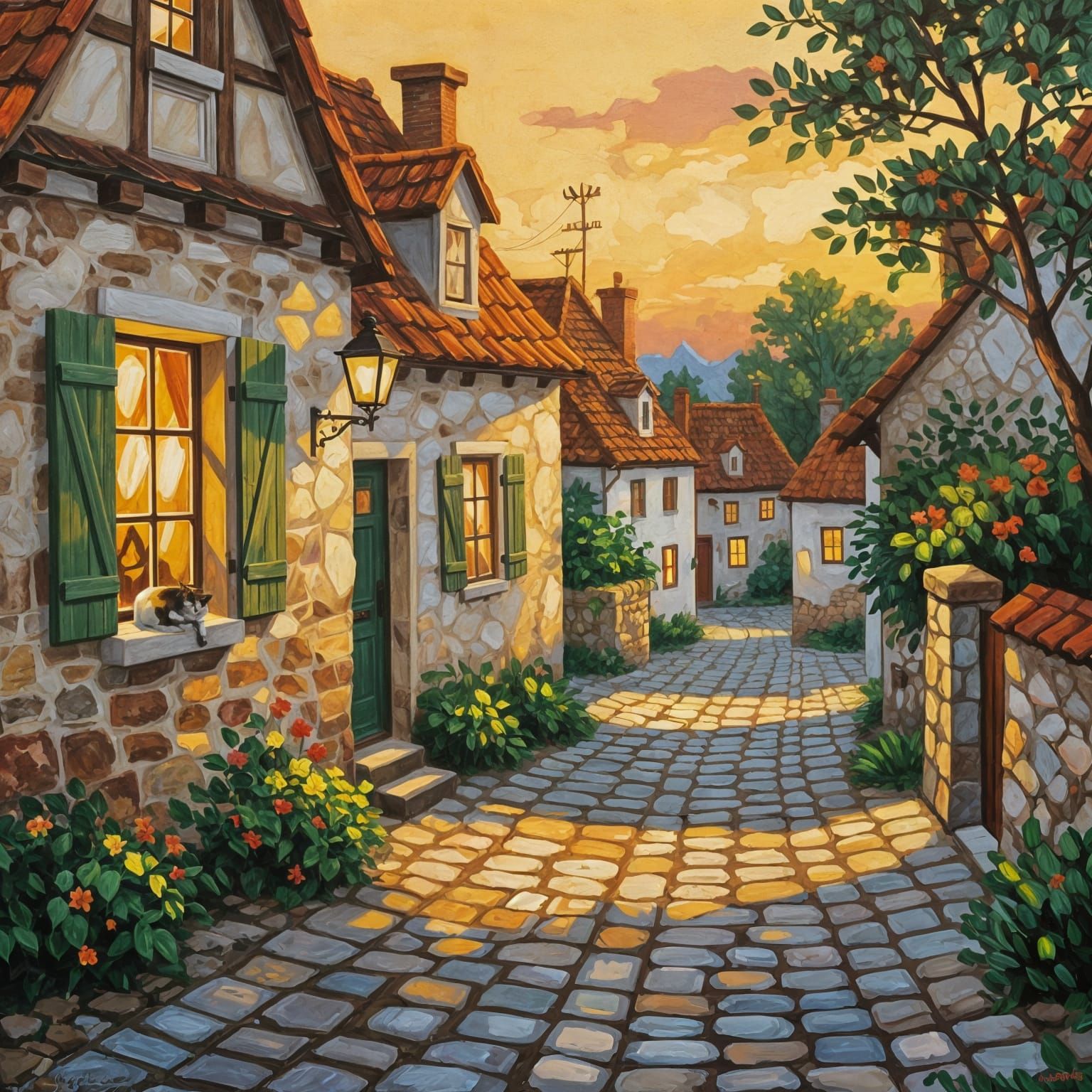 Impressionistic Sunset Over Quaint Village Street
