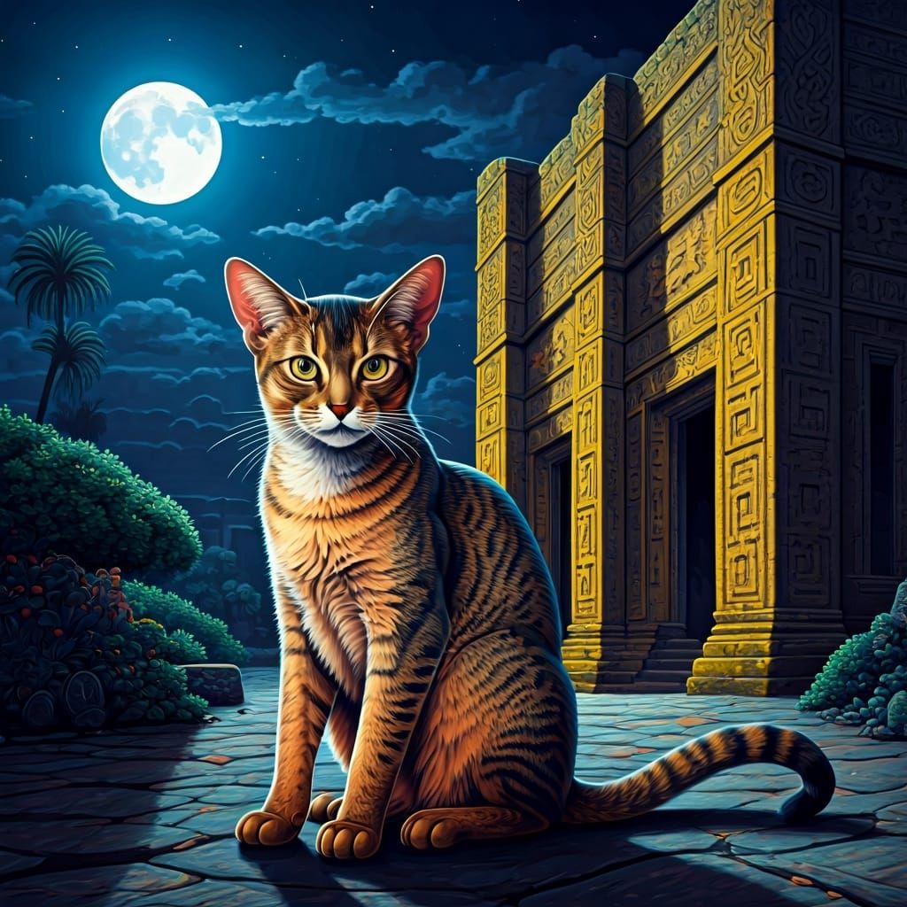 Abyssinian Cat in Moonlight, Gouache Style