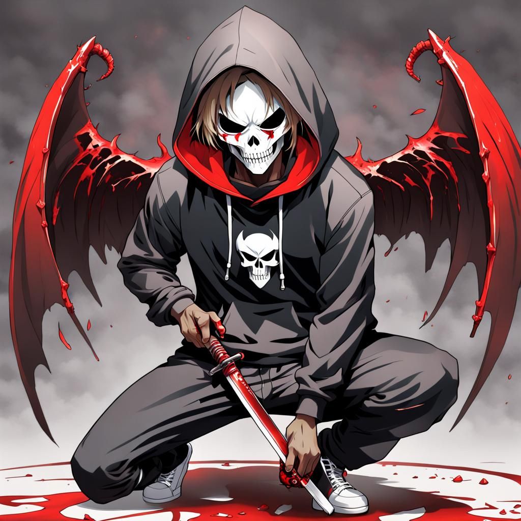 Anime Warrior with Bloody Katana at Sunrise