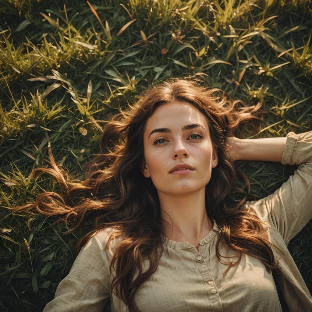 Brunette Girl Lying on Grass in Golden Light