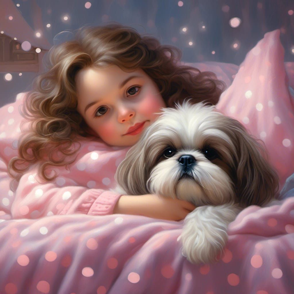 Girl and Shih Tzu in Bed, Precious Moments Style