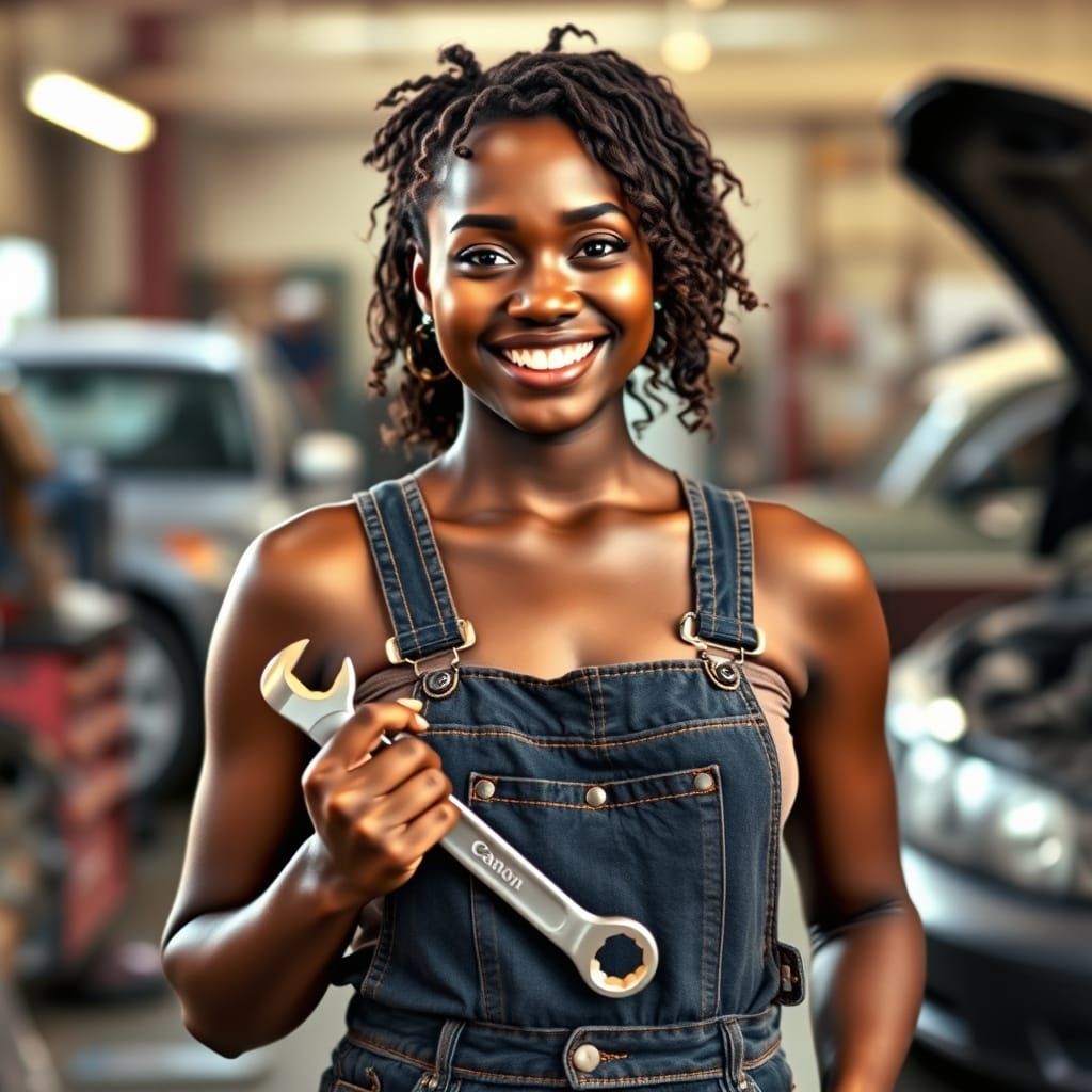 Smiling Black Woman Mechanic in Car Repair Shop