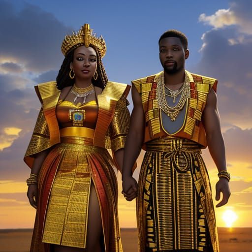 A king and queen adorned in golden kente cloth under a blazi...