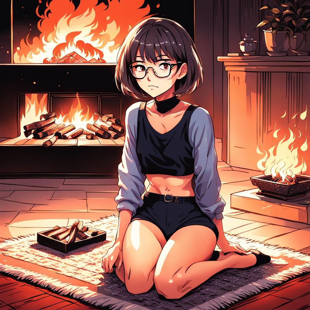 Anime Style Woman Watching Fireplace