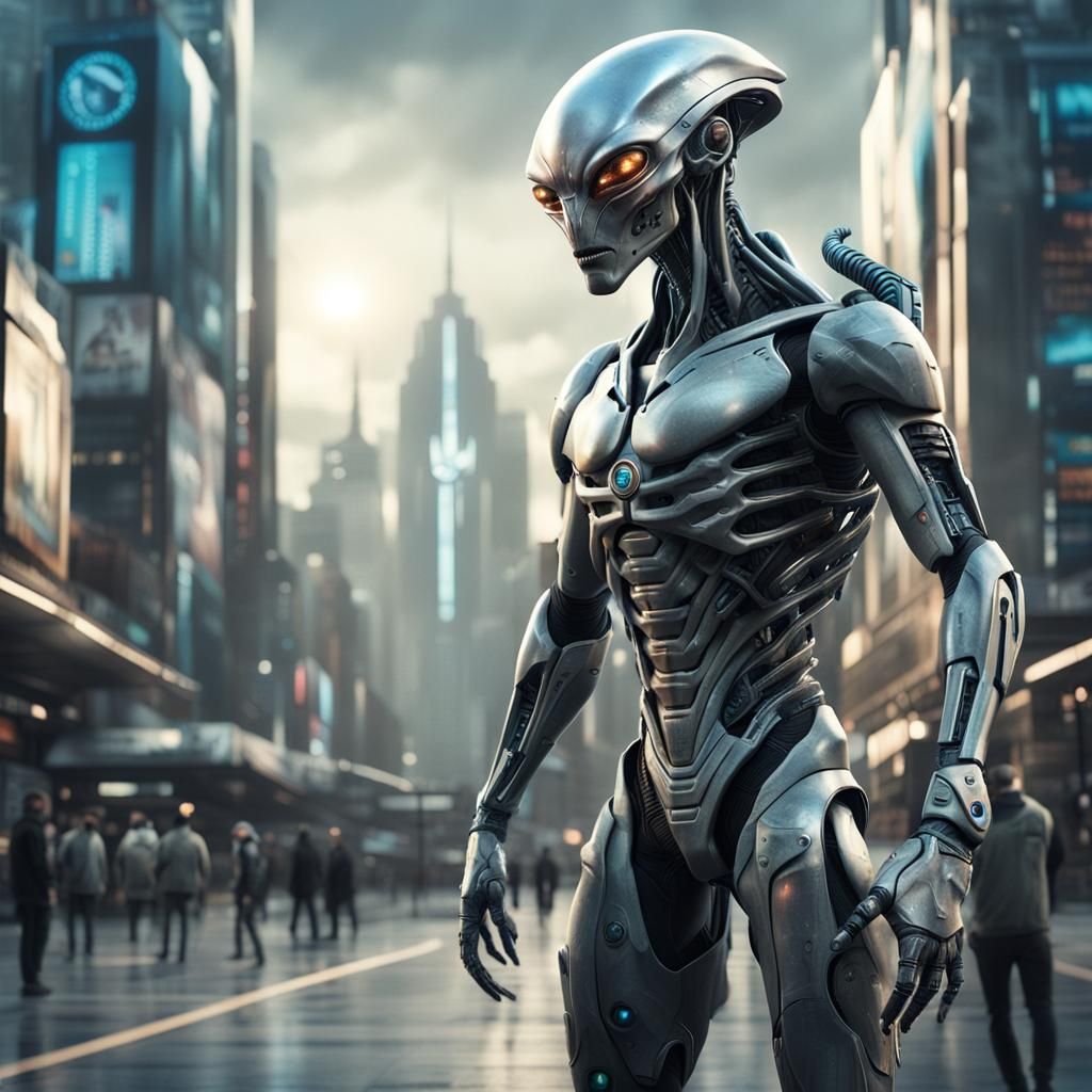 Hyperrealistic Alien Cyborg Hybrid in Sci-Fi City