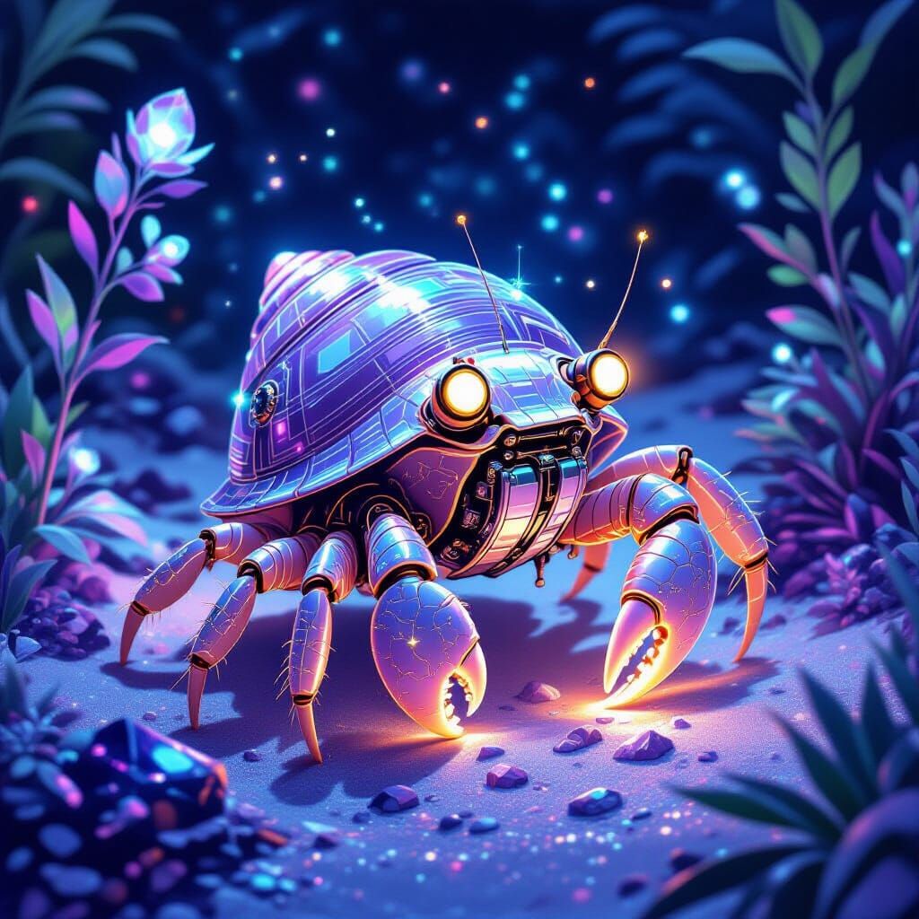 Bioluminescent Clockwork Crab on Crystal Beach, Art Nouveau