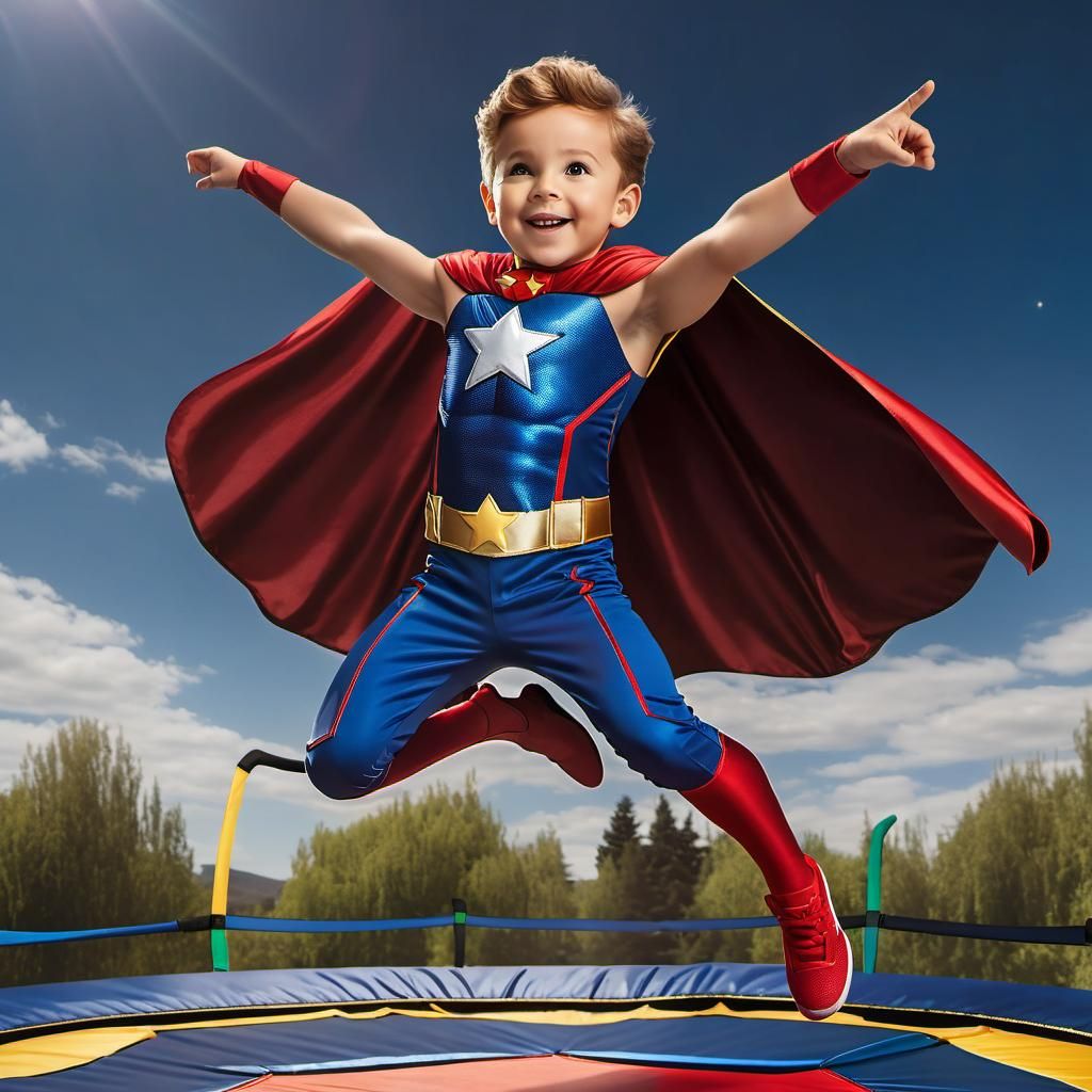 Boy Superhero Jumps on Trampoline in Backyard